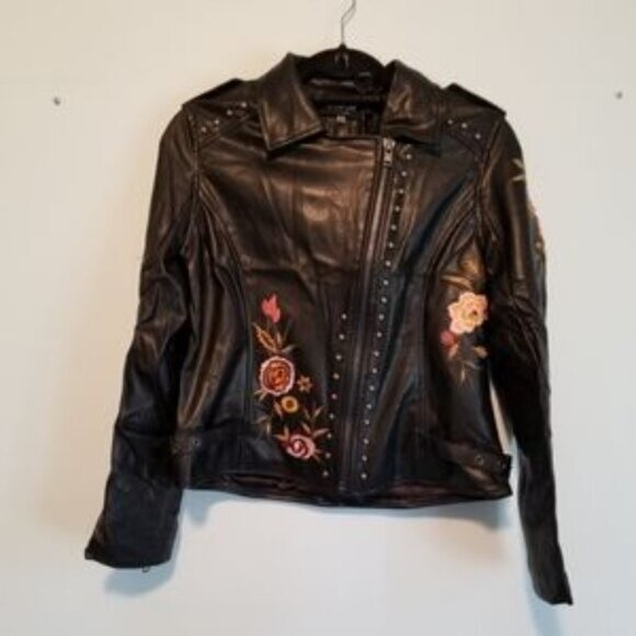 SUGARLIPS  biker jacket faux leather embroidered floral print notched collar NWT - Picture 3 of 7